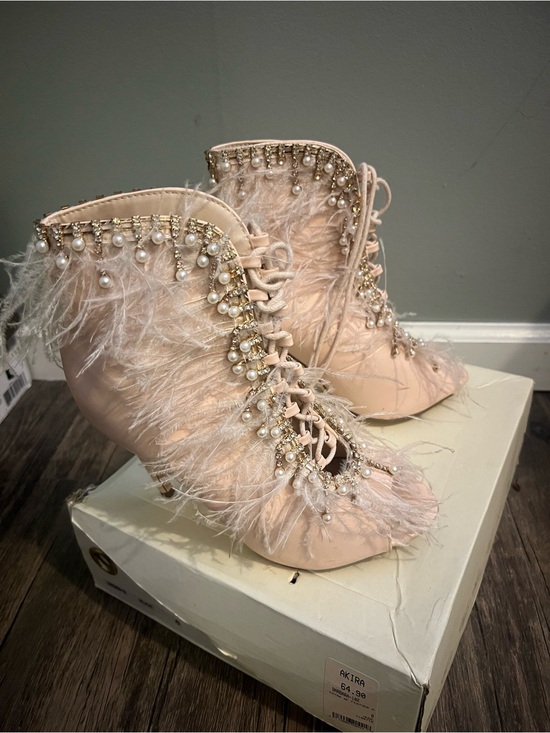 Vigo Fiore Shoes - Embellished Blush Feather Lace-Up Ankle Heels